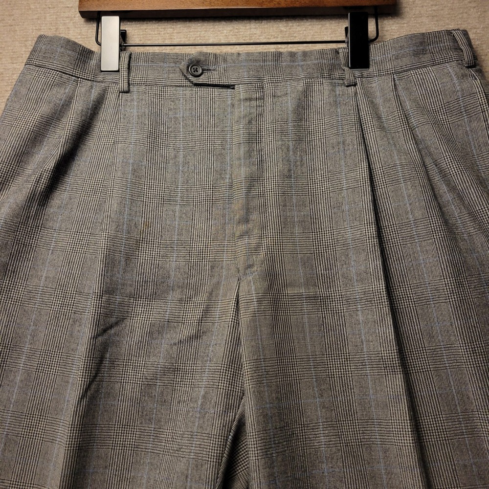 Jos A Bank Dress Pants Mens 38R Grey Blue Glen Plaid Wool Pleated Cuffed Pant